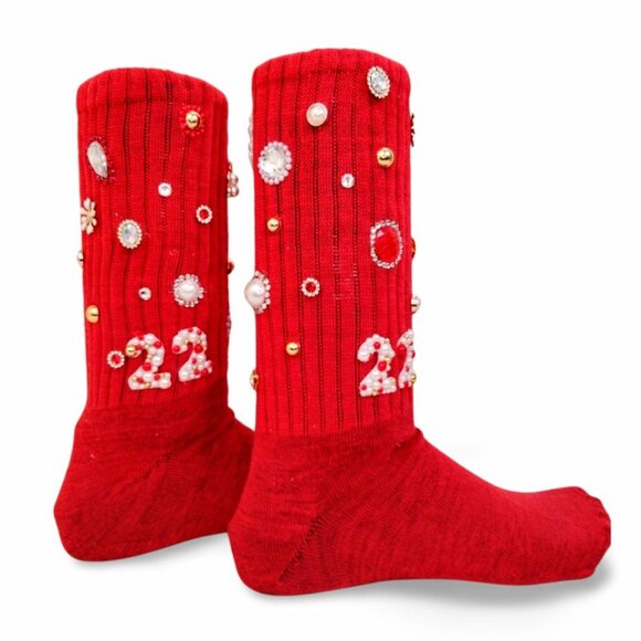 Heirloom Glam Crystal & Pearl Embellished Red Junk Charm Slouch Socks TT1515 - Picture 2 of 5